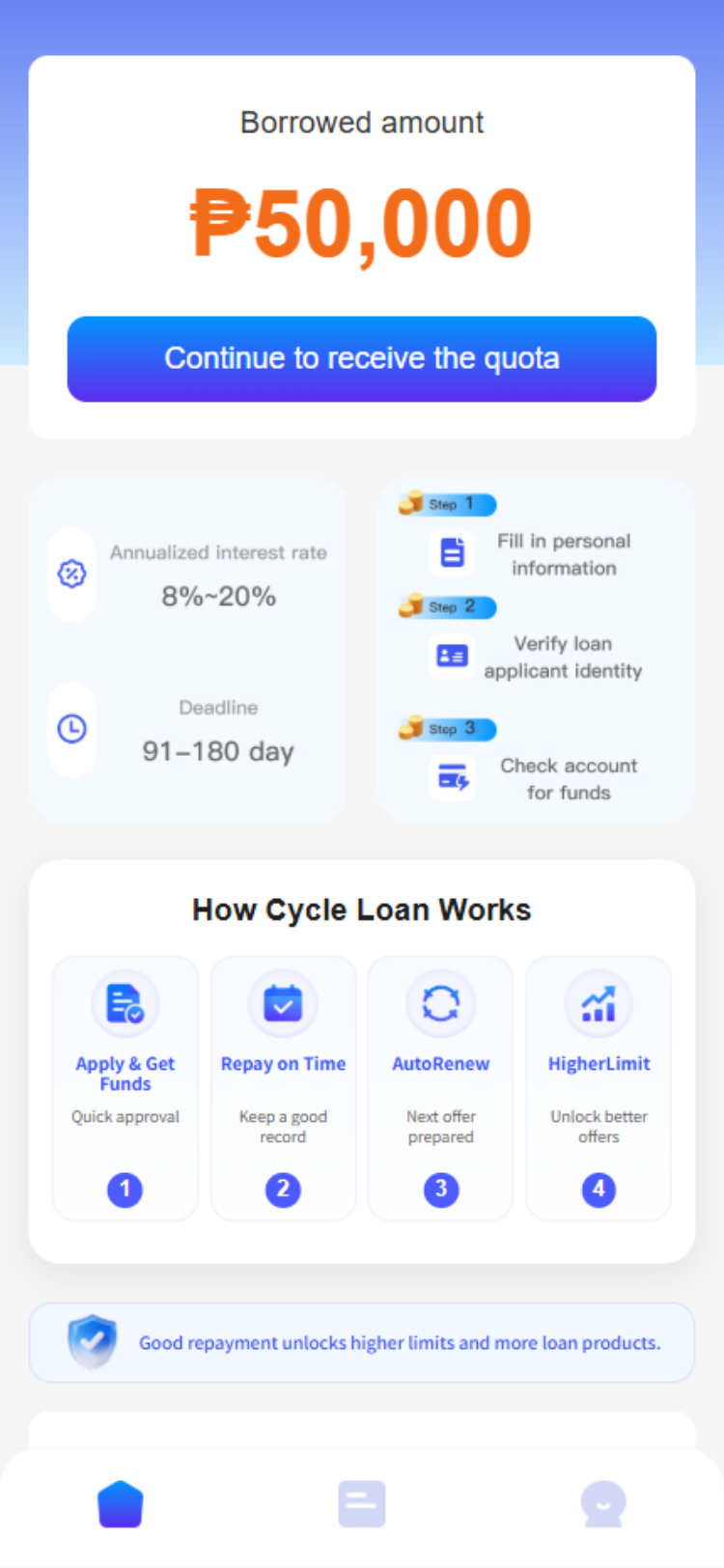 NexaPeso app home screen showing a loan amount and verification steps